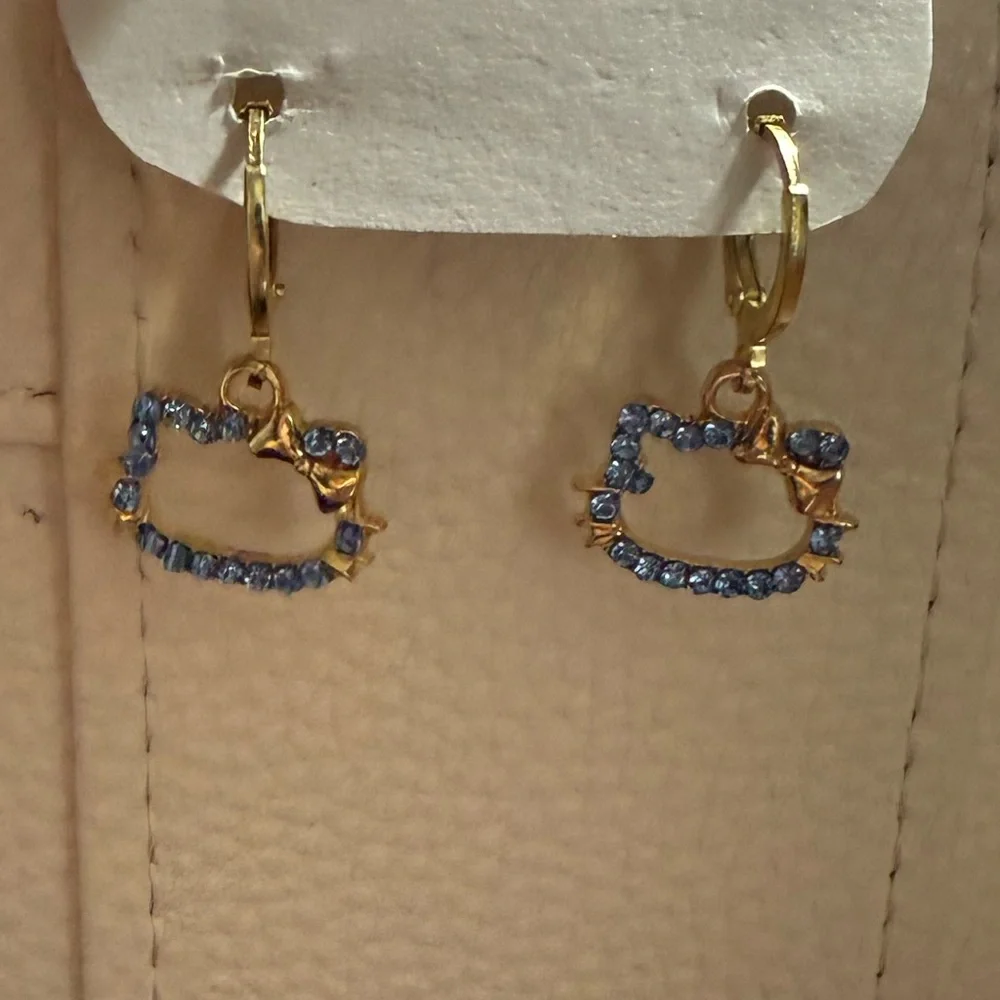 Gold Plated Blue Hello Kitty Huggie Earrings